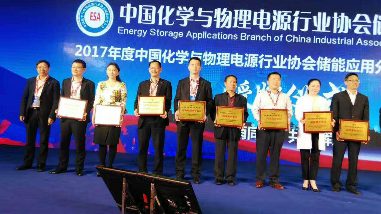 仟億達集團總裁王元圓（左3）上臺領取中國化學與物理電源行業(yè) 協會儲能應用分會副理事長單位牌匾